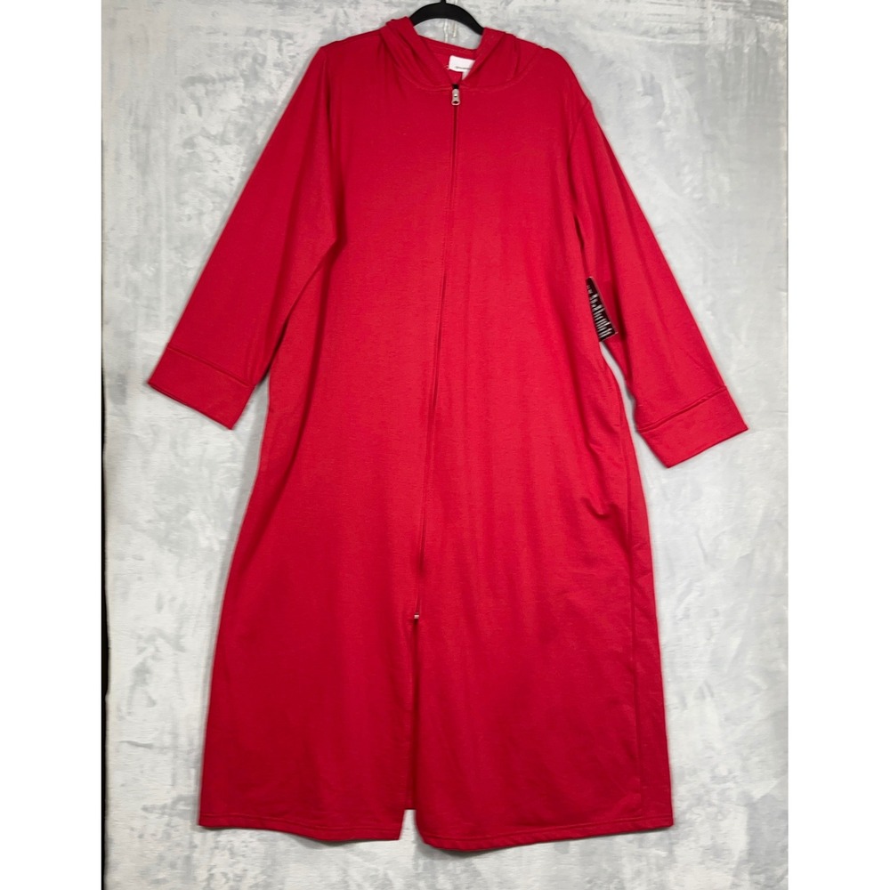 Dreams & Co Women Robe 1X Petite Red Full Zip Hooded Loungewear Pockets Cozy
